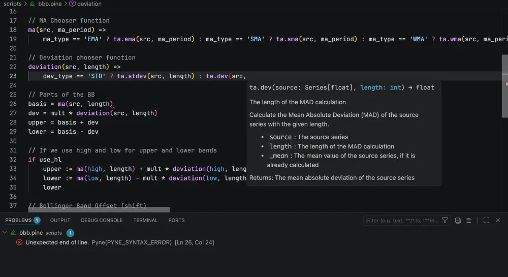 Pine Script signature help and inline diagnostics in PyneIDE